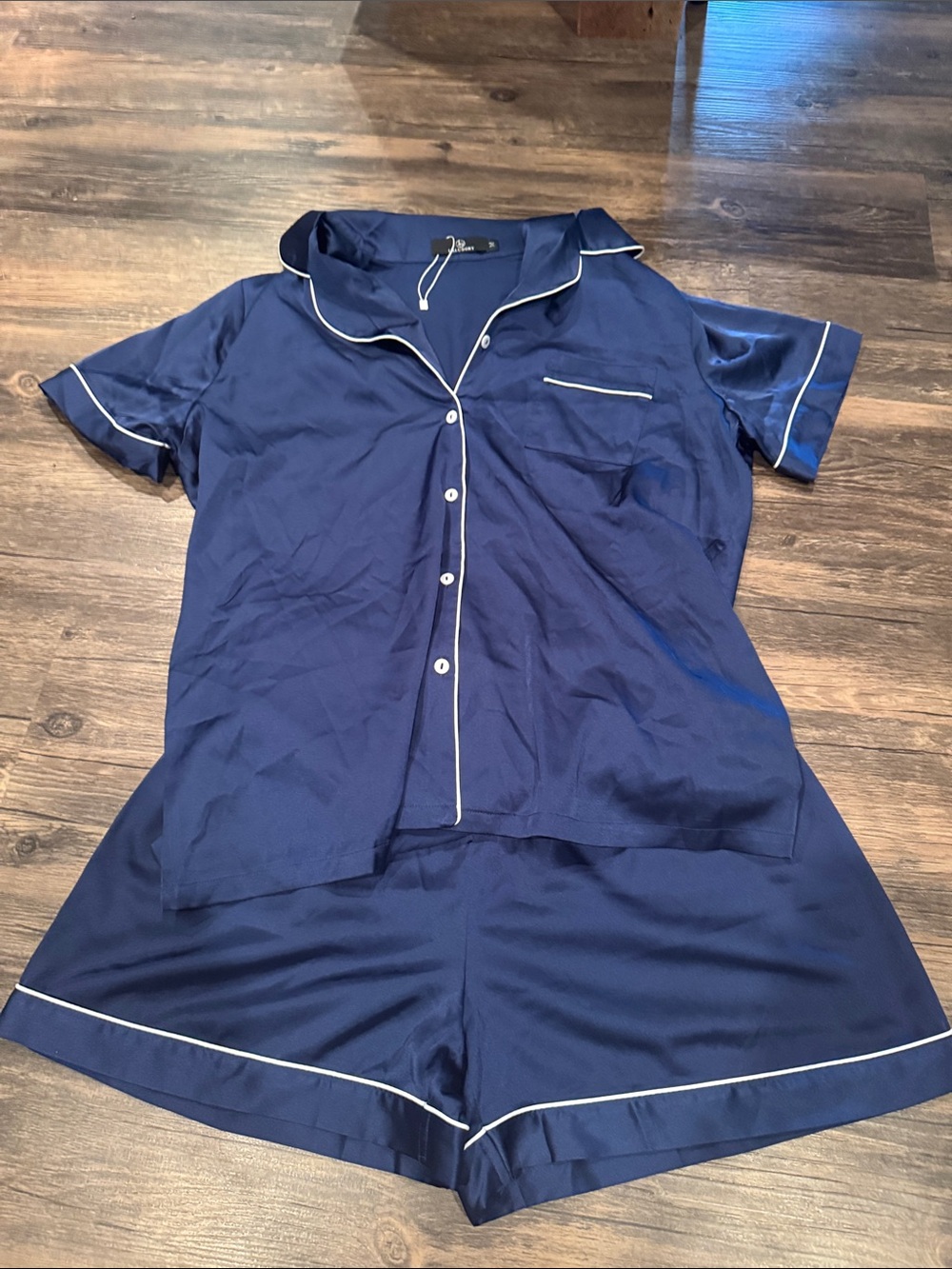 Women's Navy Short-Sleeve Polyester Blend Pajama Set with White Piping